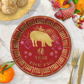 Assiettes En Carton Chinois Zodiac Pig Rouge/Or ID542