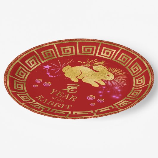 Assiettes En Carton Chinois Zodiac Rabbit Rouge/Or ID542 (Angle)