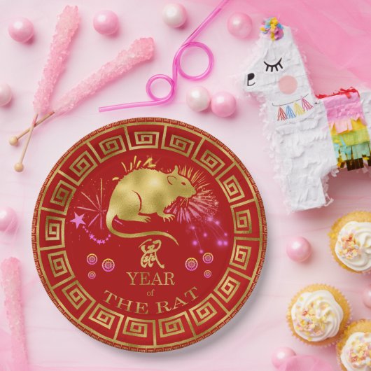 Assiettes En Carton Chinois Zodiac Rat Rouge/Or ID542 (Fête)