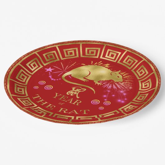 Assiettes En Carton Chinois Zodiac Rat Rouge/Or ID542 (Angle)
