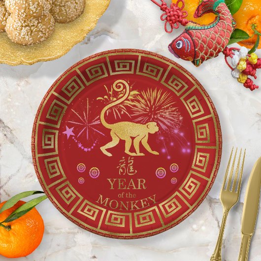 Assiettes En Carton Chinois Zodiac Singe Rouge/Or ID542