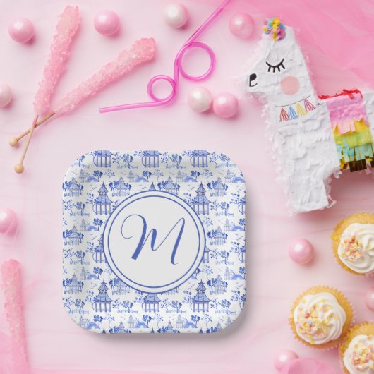 Assiettes En Carton Chinoiserie Aquarelle Pagode Motif (Fête)