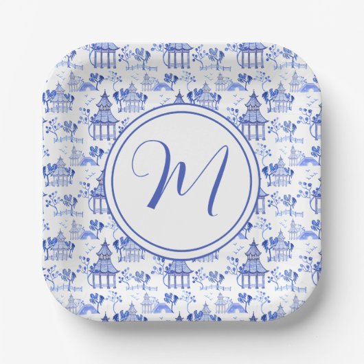 Assiettes En Carton Chinoiserie Aquarelle Pagode Motif (Recto)