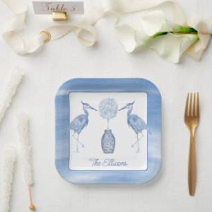 Assiettes En Carton Chinoiserie Aquarelle Topiaire Héron bleu