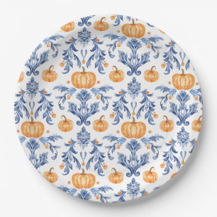 Assiettes En Carton Chinoiserie Bleu Blanc Orange Citrouilles d'Automn