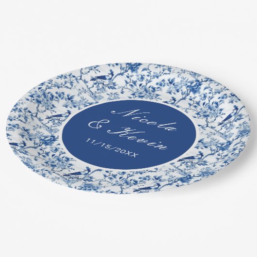 Assiettes En Carton Chinoiserie Blue Birds and Flowers Mariage (Angle)