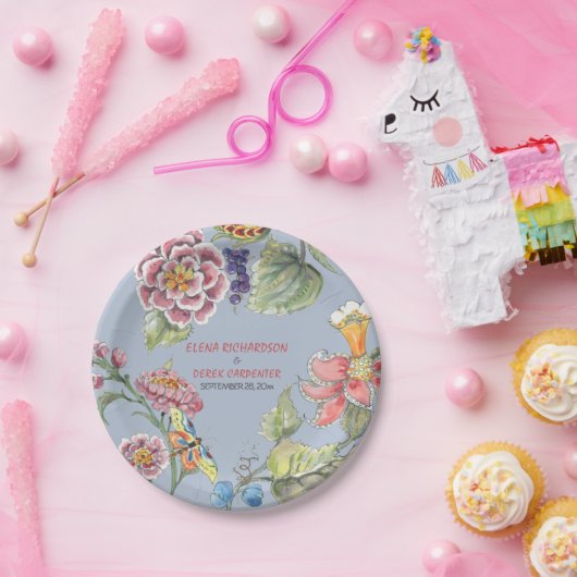 Assiettes En Carton Chinoiserie rose bleu tropical Plaque en papier fl (Fête)