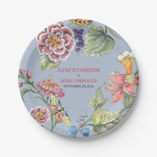 Assiettes En Carton Chinoiserie rose bleu tropical Plaque en papier fl (Devant)