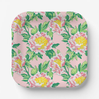 Assiettes En Carton Chinoiserie rose et jaune Floral