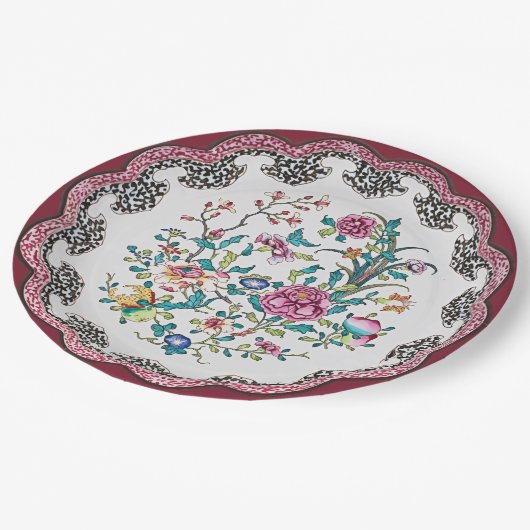 Assiettes En Carton Chinoiserie rose pale fleurit Faux Chine (Angle)