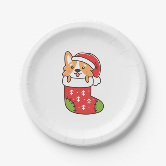 Assiettes En Carton Chiot de Corgi en chaussette de noël (Devant)