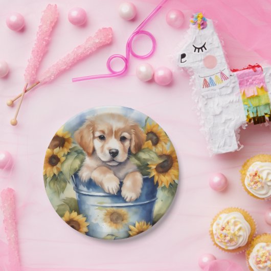 Assiettes En Carton Chiot de tournesol (Fête)