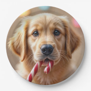 Assiettes En Carton Chiot Golden Retriever Avec un Bâton de Bonbon