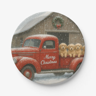 Assiettes En Carton Chiots Golden Retriever dans un vieux camion Noël