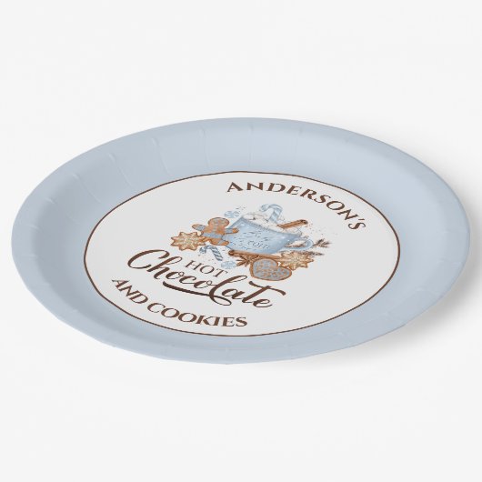 Assiettes En Carton Chocolat chaud bleu Noël Nom Plaques en papier (Angle)