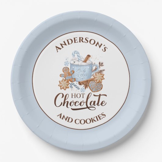 Assiettes En Carton Chocolat chaud bleu Noël Nom Plaques en papier (Devant)