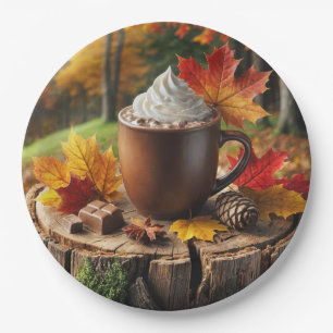 Assiettes En Carton Chocolat Chaud D'Automne Sur La Pompe D'Arbre