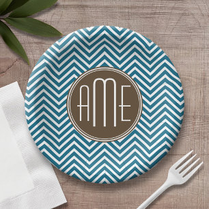 Assiettes En Carton Chocolat et Motif Chevron Turquoise avec Monogramm