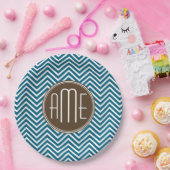 Assiettes En Carton Chocolat et Motif Chevron Turquoise avec Monogramm (Fête)