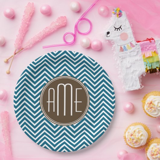 Assiettes En Carton Chocolat et Motif Chevron Turquoise avec Monogramm (Fête)