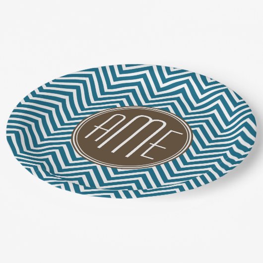 Assiettes En Carton Chocolat et Motif Chevron Turquoise avec Monogramm (Angle)