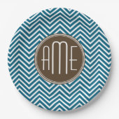 Assiettes En Carton Chocolat et Motif Chevron Turquoise avec Monogramm (Devant)