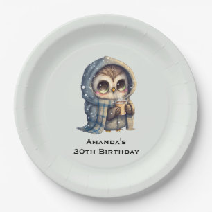 Assiettes En Carton Chouette à gros yeux mignonne tenant un café Anniv