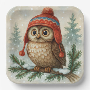 Assiettes En Carton Chouette aquarelle avec un bonnet d'hiver