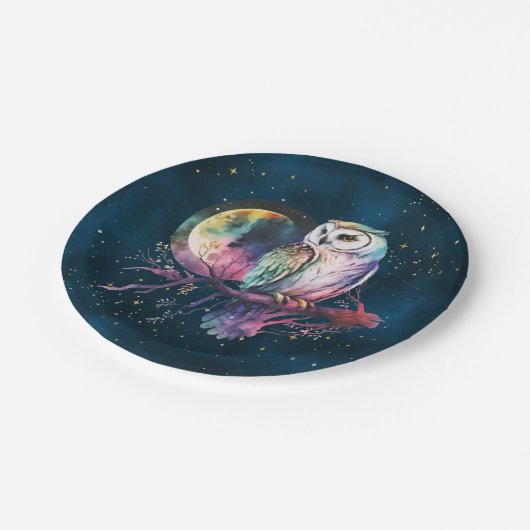 Assiettes En Carton Chouette arc-en-ciel mystique et Pleine lune céles (Angle)
