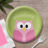 Assiettes En Carton Chouette caricaturale mignonne - rose et vert citr