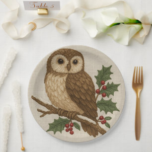 Assiettes En Carton Chouette de Noël brodée avec Holly Rustic