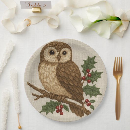 Assiettes En Carton Chouette de Noël brodée avec Holly Rustic (Mariage)