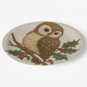 Assiettes En Carton Chouette de Noël brodée avec Holly Rustic (Angle)