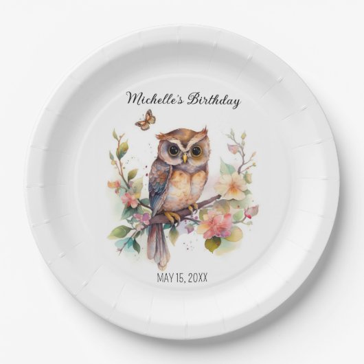 Assiettes En Carton Chouette Fleurs de printemps Papillons Joyeux Nom  (Devant)