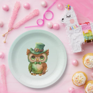 Assiettes En Carton Chouette mignonne dans un chapeau vert
