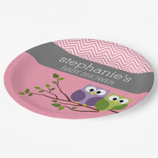 Assiettes En Carton Chouette mignonne en Branche - Bébé rose fille Dou (Angle)
