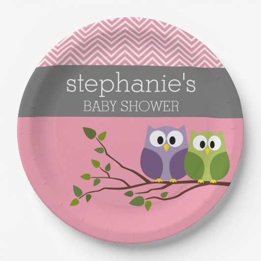 Assiettes En Carton Chouette mignonne en Branche - Bébé rose fille Dou (Devant)