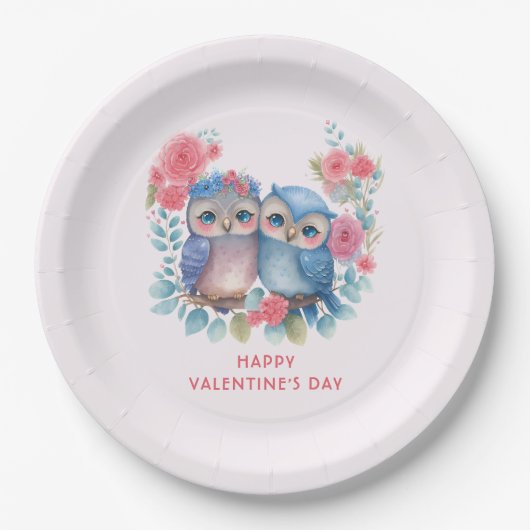 Assiettes En Carton Chouettes amoureuses assis sur une branche d'arbre (Devant)