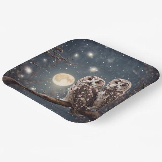 Assiettes En Carton Chouettes avec Pleine lune (Angulaire)