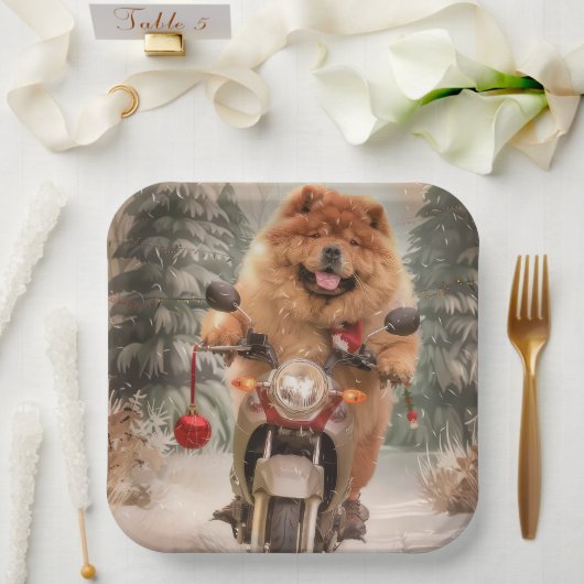 Assiettes En Carton Chow Chow Chien chevauchant la moto Noël (Mariage)