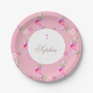 Assiettes En Carton Christine Baptême Fille Rose Florale Fête