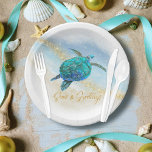 Assiettes En Carton Christmas Beach Sea Turtle Seas et salutations<br><div class="desc">Amusez vos invités dans le style de vacances côtier, avec ces plaques de papier de Noël de plage tropicale, avec une aquarelle bleu turquoise tortue de mer sur un arrière - plan de plage abstrait avec une fausse parties scintillant d'or vague brillante, et or Seas & Greys. Consultez la collection...</div>