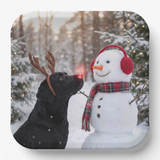 Assiettes En Carton Christmas Black Labrador Retriever with Snowman (Recto)