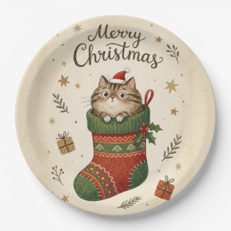 Assiettes En Carton Christmas Cat in Stocking