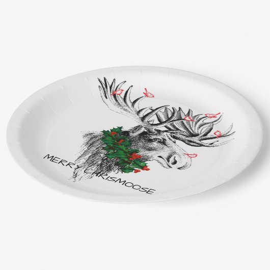 Assiettes En Carton Christmas Chrismoose Moose Birds Holly Paper Plate (Angle)