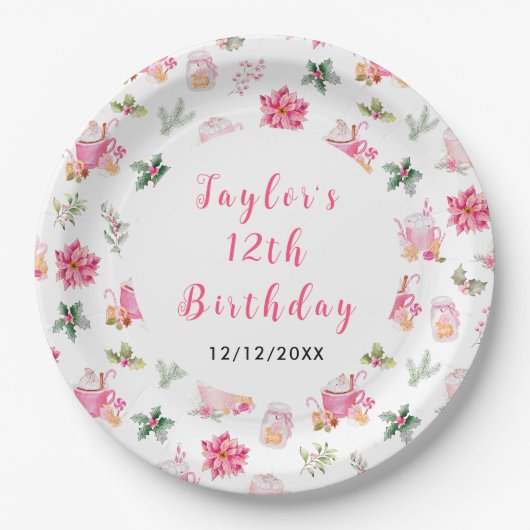 Assiettes En Carton Christmas Cookies and Cocoa Birthday Party Pink (Devant)