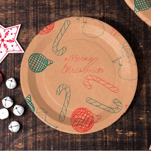 Assiettes En Carton Christmas Doodle Pattern | Snowmen, Trees & Candy