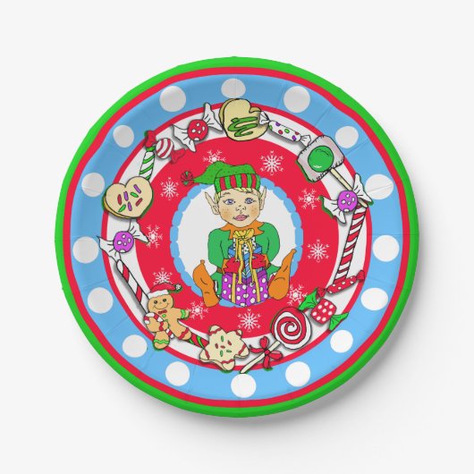 Assiettes En Carton Christmas Elf Boy Whimsical Candy Polka Dot (Devant)
