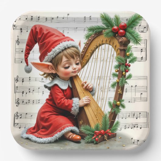 Assiettes En Carton Christmas Elf Playing a Harp (Recto)