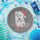 Assiettes En Carton Christmas Husky On Grey (Fête)